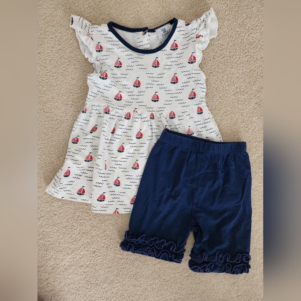 Smocked Polkadot short set with sailboat print, size 3.